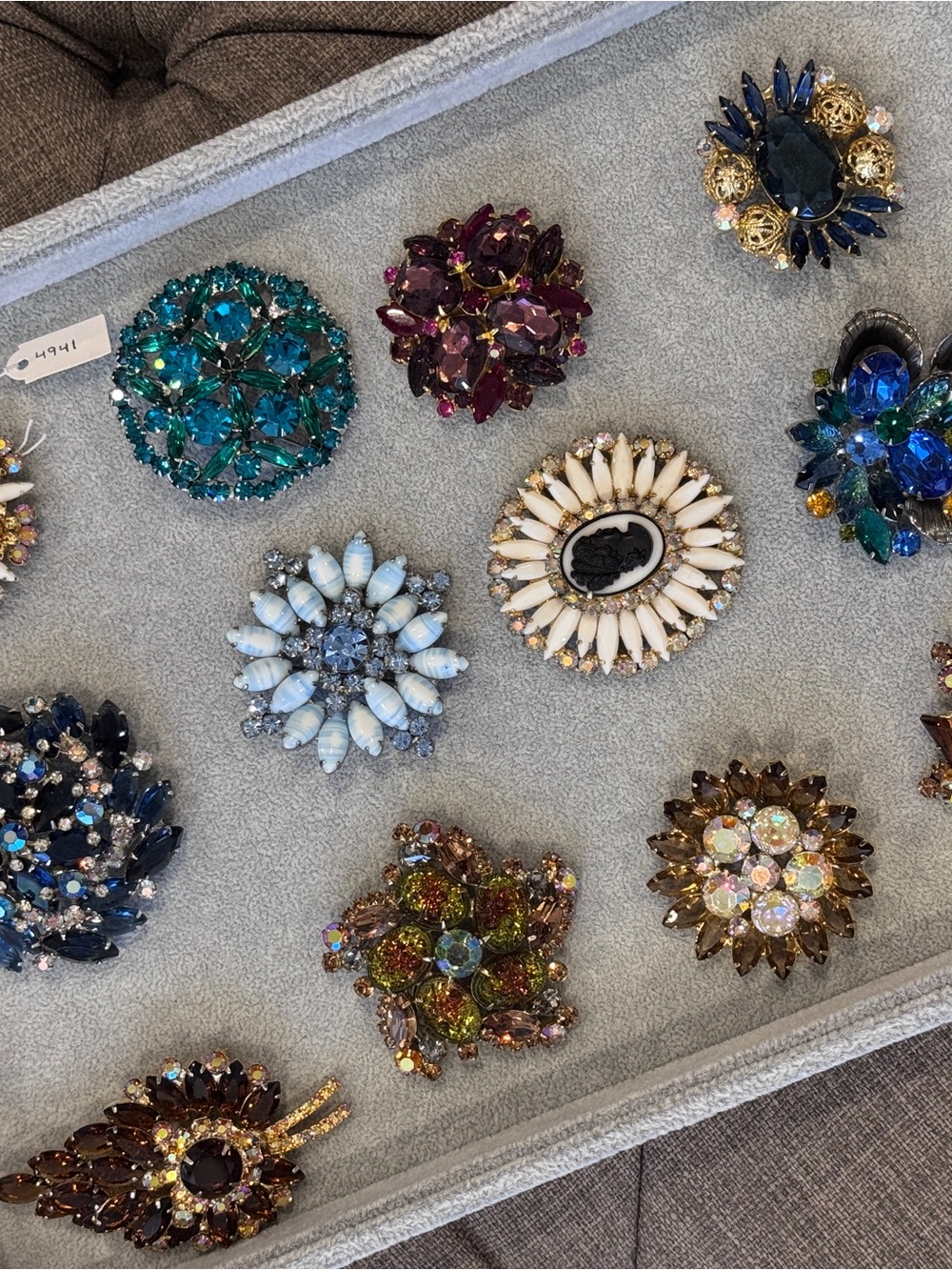 Multi-Color Crystal Floral Brooch Pin - White & Blue Accent